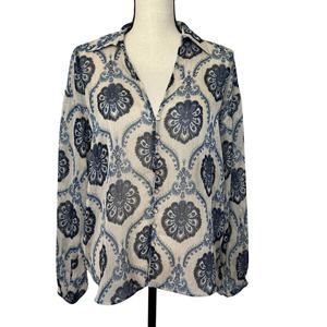 Zara Tops Women's Small Long Sleeve‎ Button Up Blouse Collar Gold/Blue/Beige